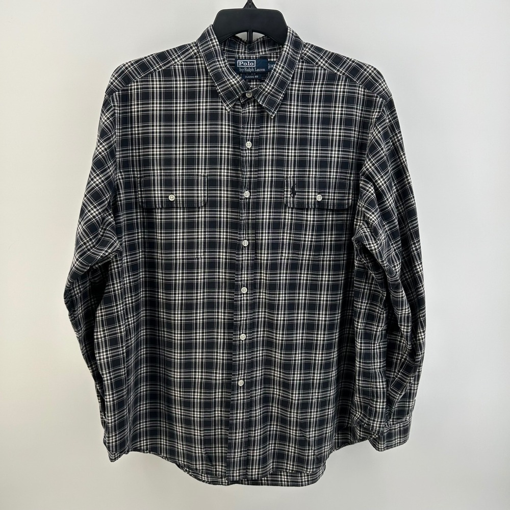 Vintage Polo Ralph Lauren Mens XXL Plaid Button Down Shirt Black & White Cotton